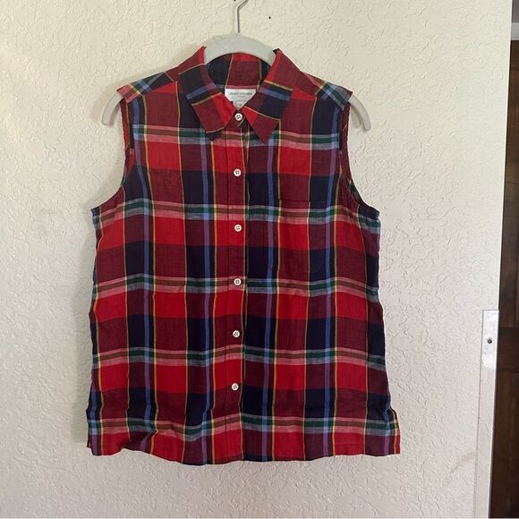 Jones New York Red Blue Plaid Linen Sleeveless Collar Button Shirt SIZE 8 - Picture 2 of 7